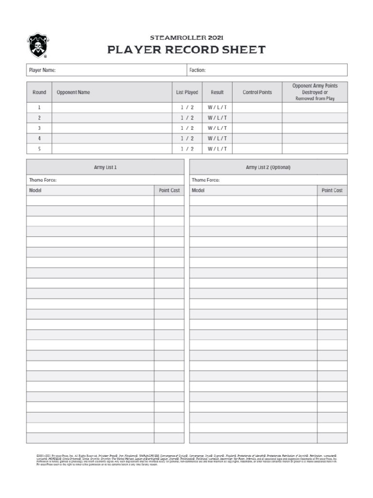 Steamroller Player Record Sheet 2021 PDF
