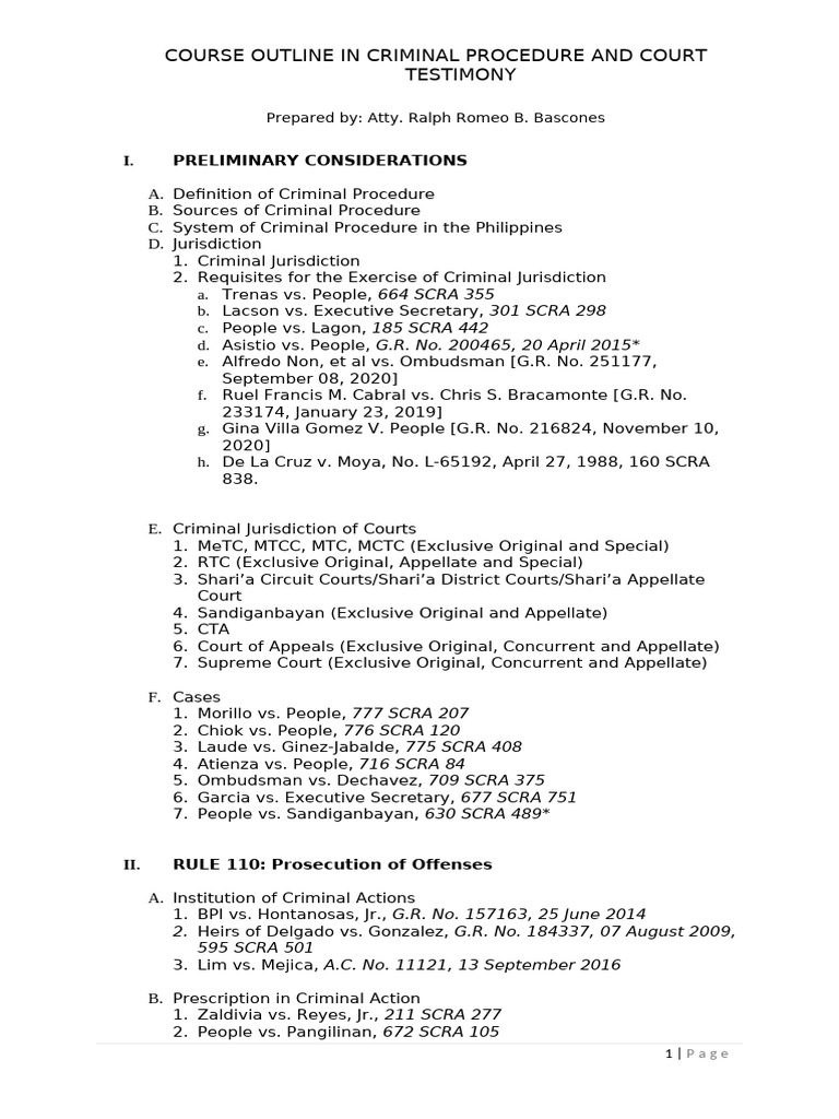 Course Outline in Criminal Procedure and Court Testimony | PDF