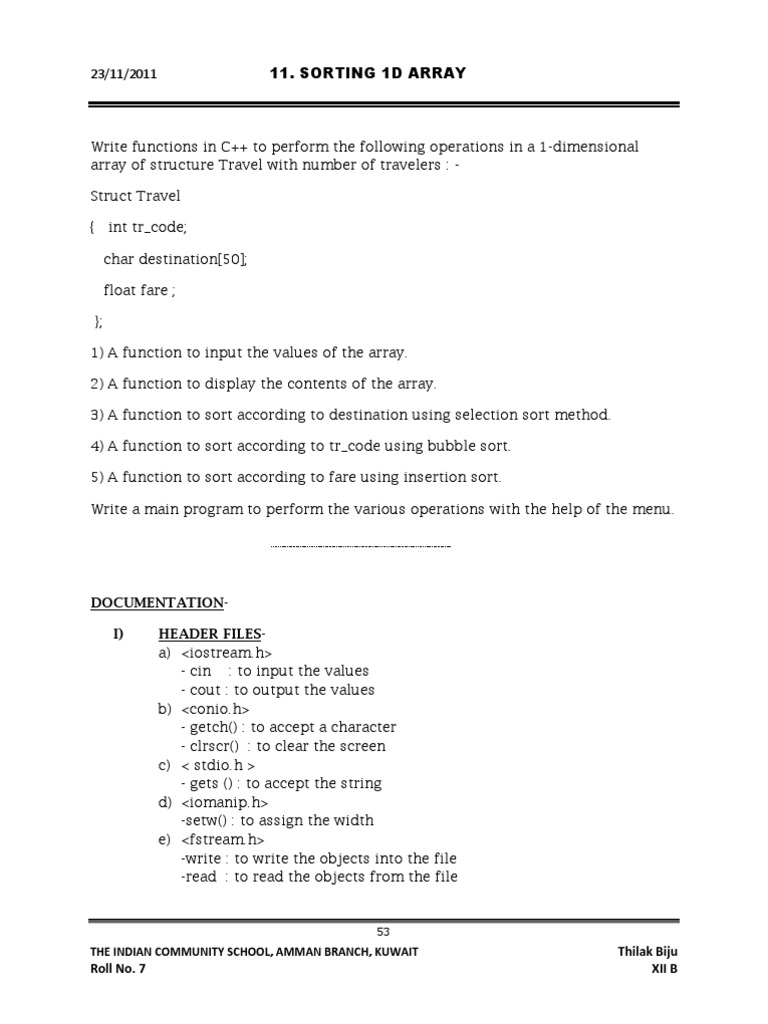 Sorting 1D Array: Documentation-I) Header Files | PDF | String ...