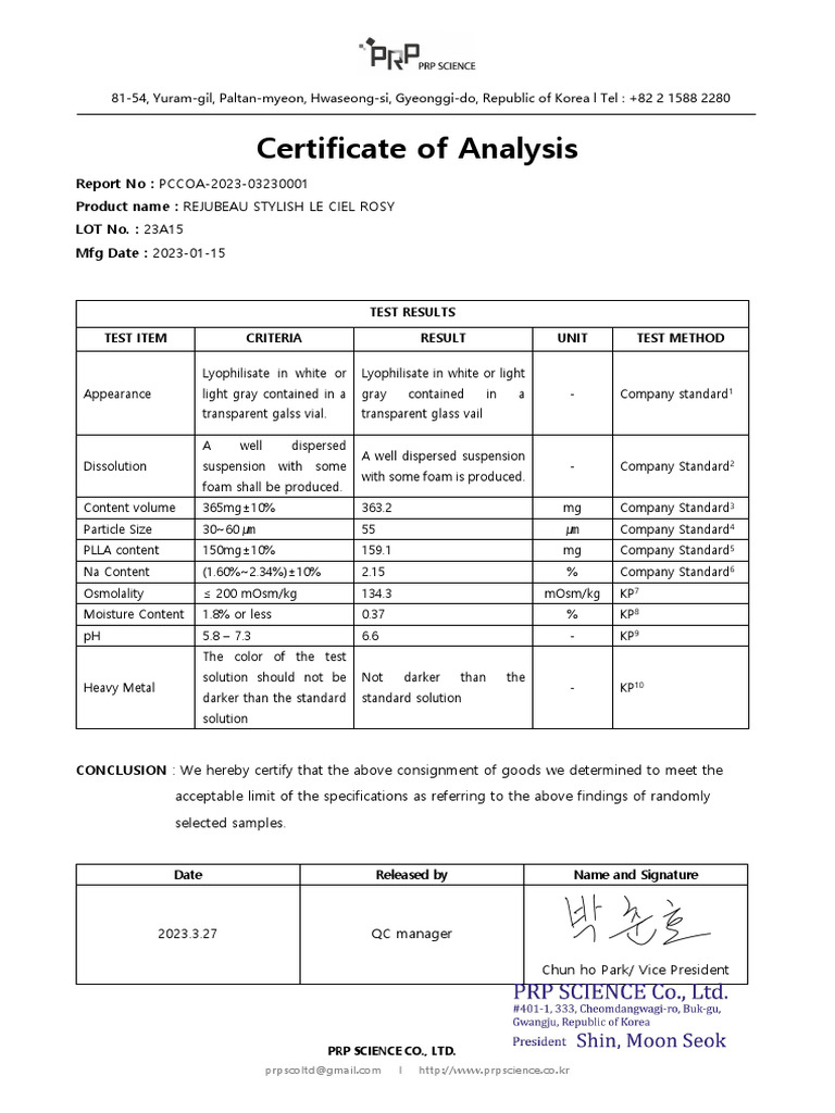 Analytical certificate pdf