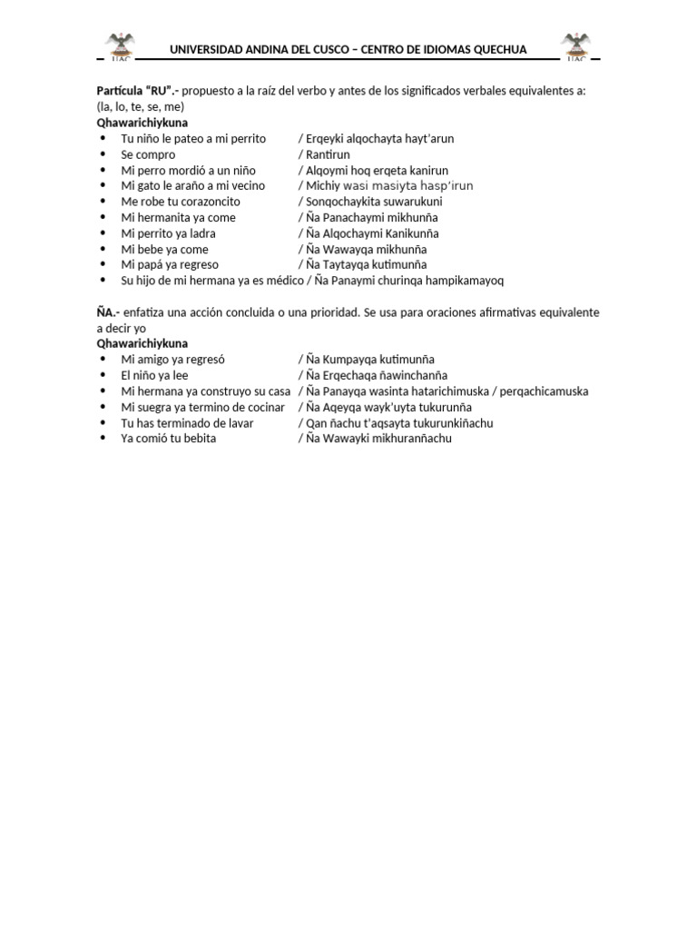 Uso De Partículas En Quechua Ejemplos Prácticos Pdf