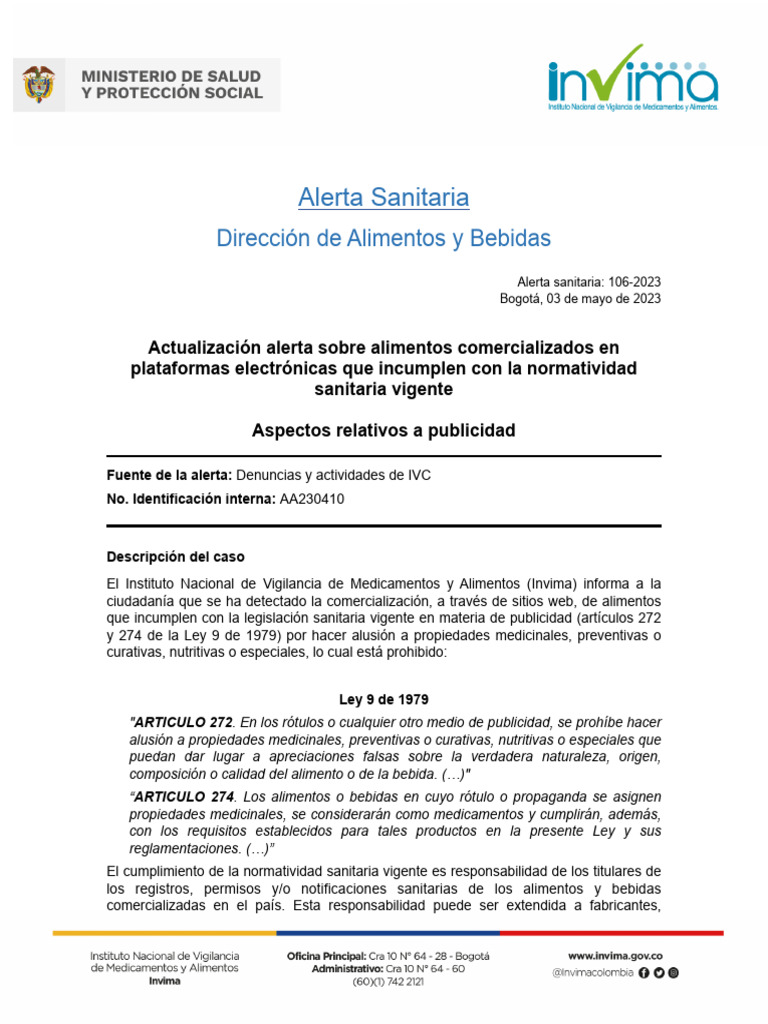 Alerta Sanitaria: Dirección de Alimentos y Bebidas | PDF