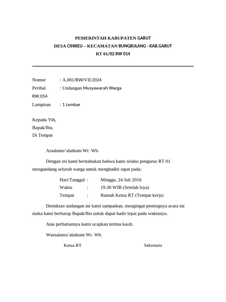 Surat Undangan Rapat RT | PDF