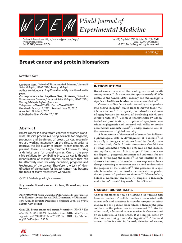 2012-Breast Cancer and Protein Biomarkers | PDF | Biomarker | Science ...