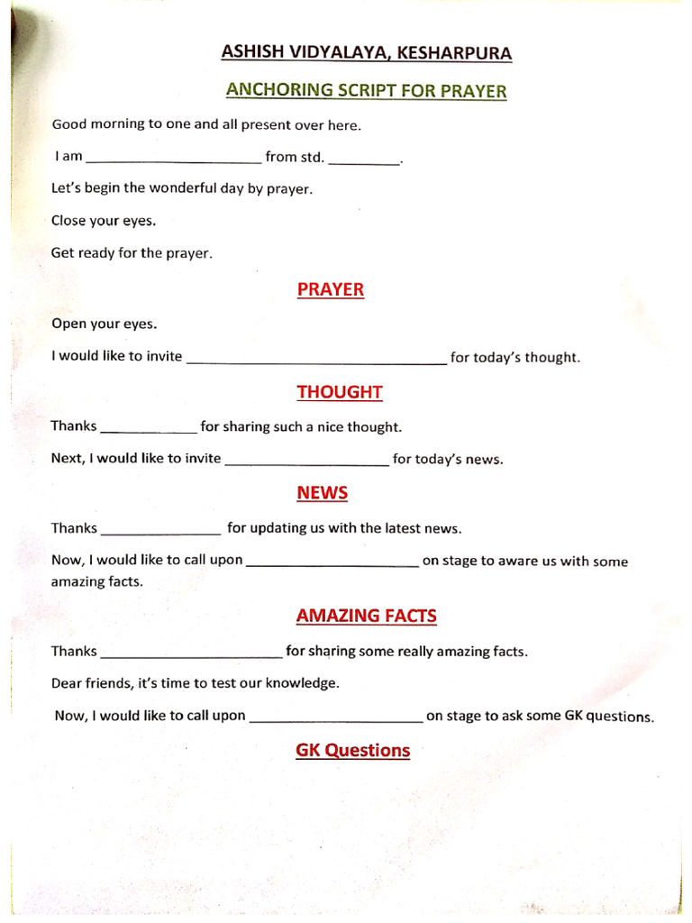 Latest Anchoring Script, Ashish Vidyalaya | PDF
