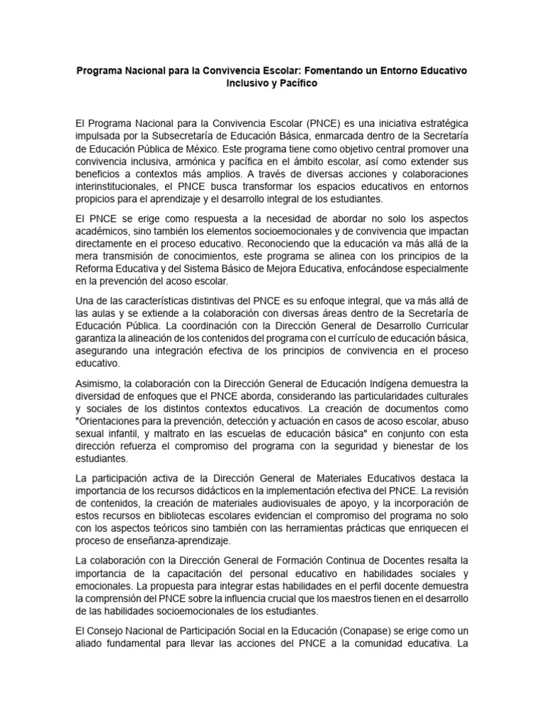 Programa Nacional de Convivencia Escolar | PDF | Plan de estudios ...