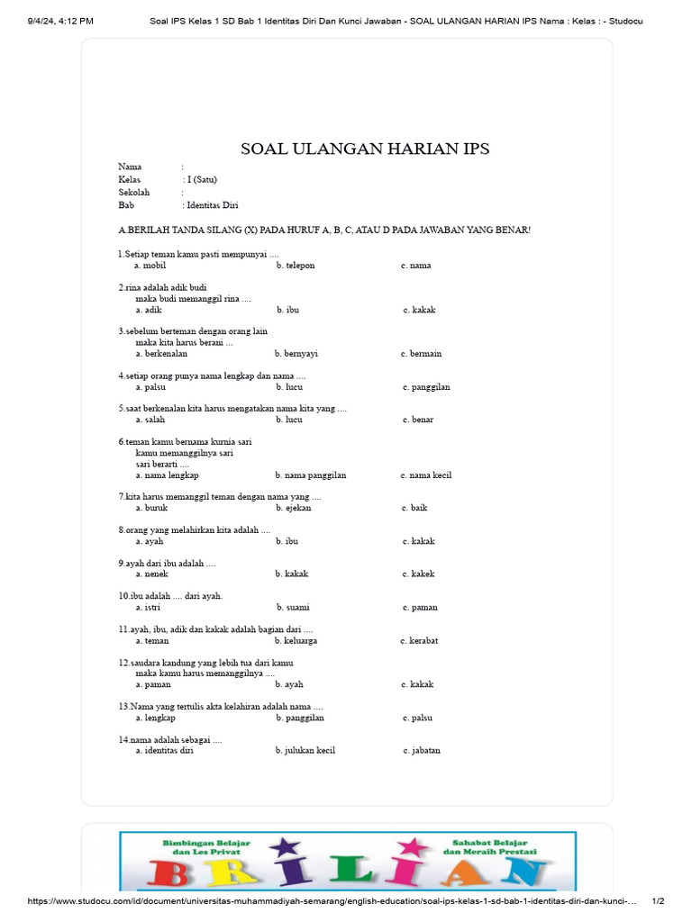 Soal ips kelas 1 sd semester 1 dan kunci jawaban Soal ips kelas 1 sd semester 1 dan kunci jawaban