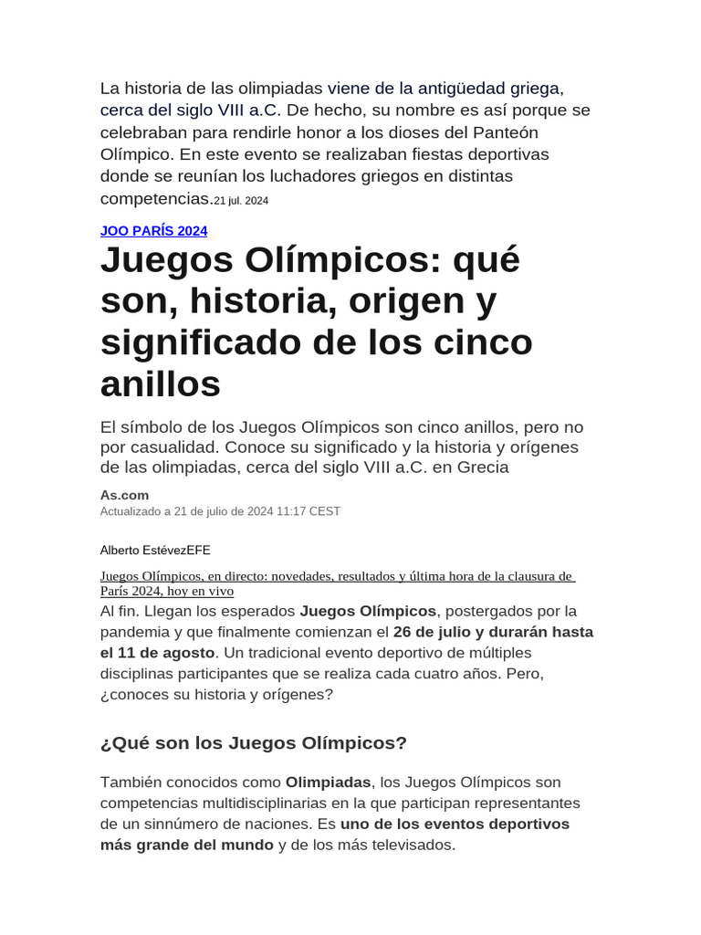 Historia y Significado de los JJOO | PDF | Juegos olímpicos | Deportes ...