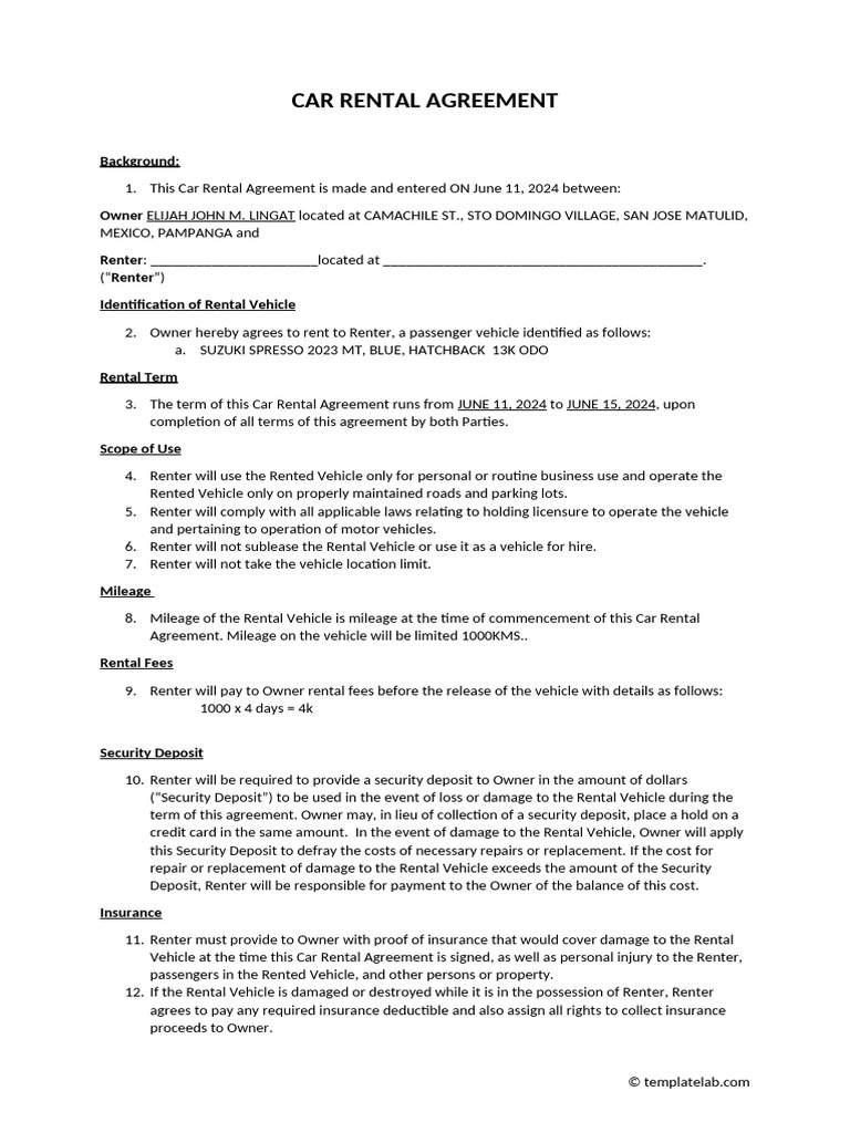 Car Rental Agreement Template | PDF | Indemnity | Law