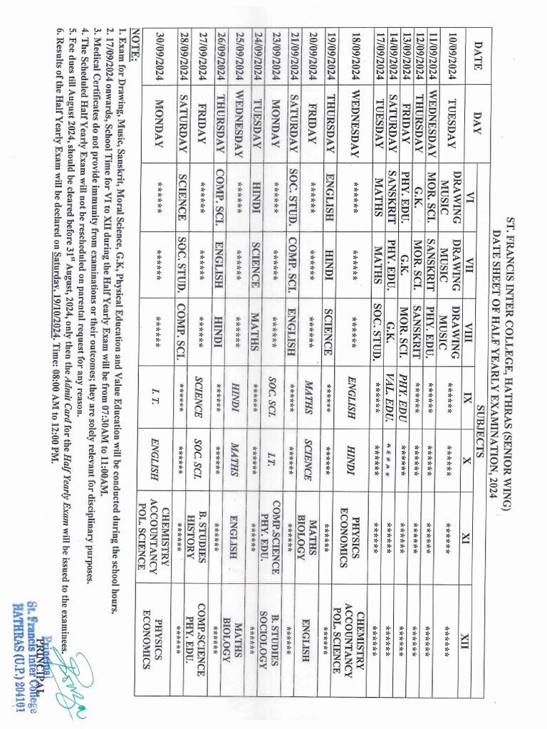Classes Vi To Xii - Date Sheet - Half Yearly - 2024 | PDF