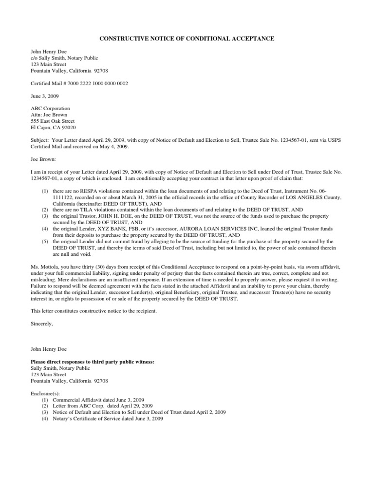 2-1-Notice of Conditional Acceptance | PDF | Deed Of Trust (Real Estate ...