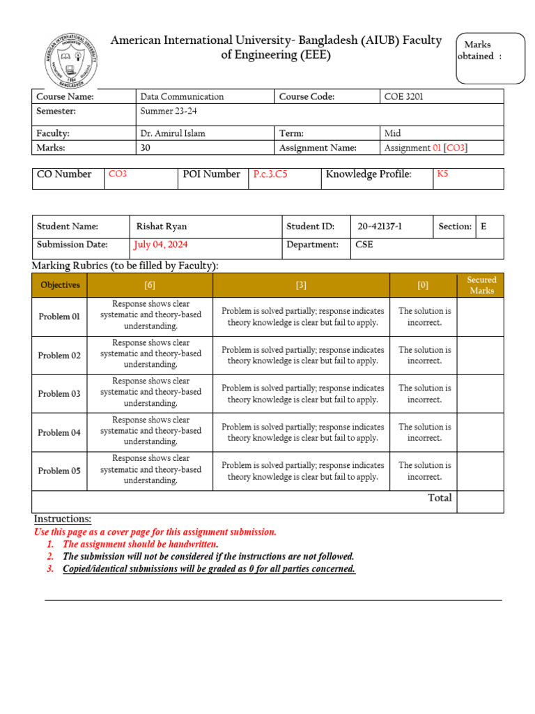 AIUB Data Communication Assignment 01 | PDF | Bit | Information And ...
