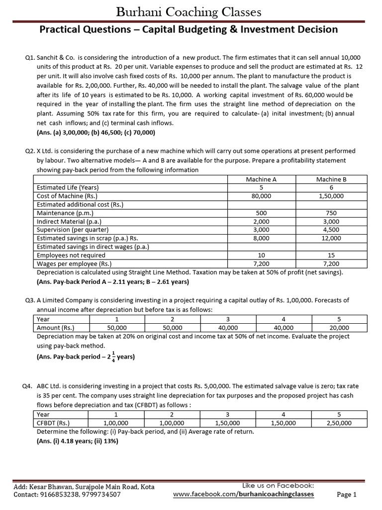 Capital Budgeting Practice Questions | PDF | Net Present Value ...