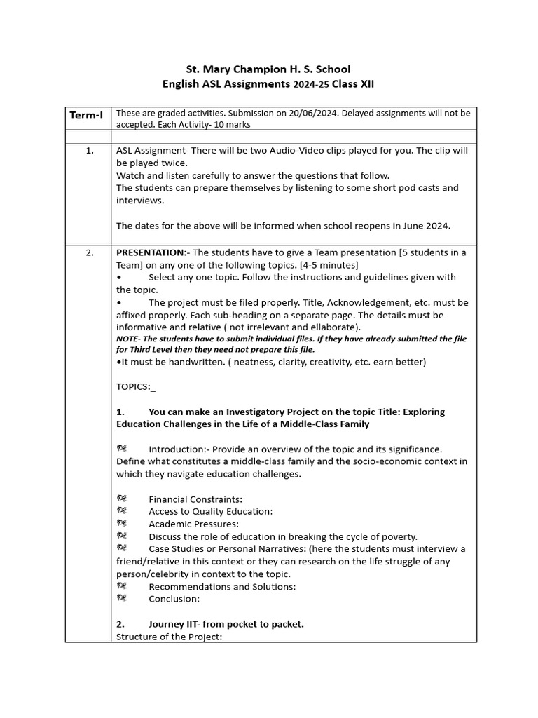 Class XII English ASL Projects 2024 | PDF | Infographics | Career & Growth
