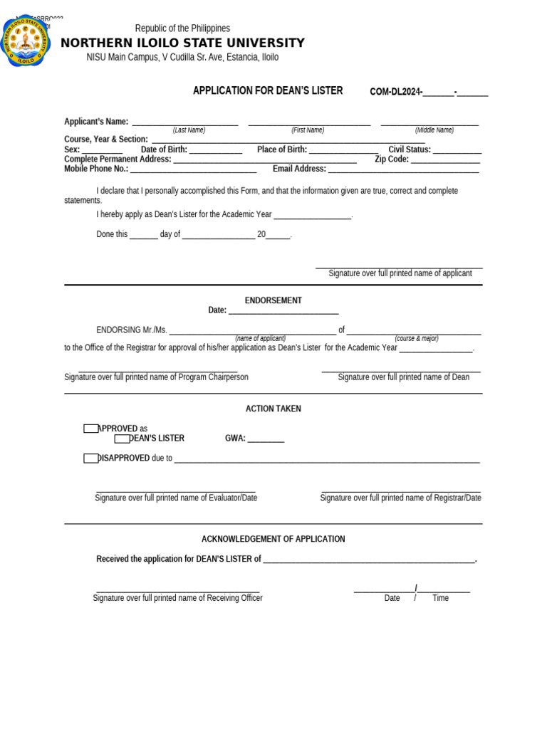Application For Deans Lister Pdf