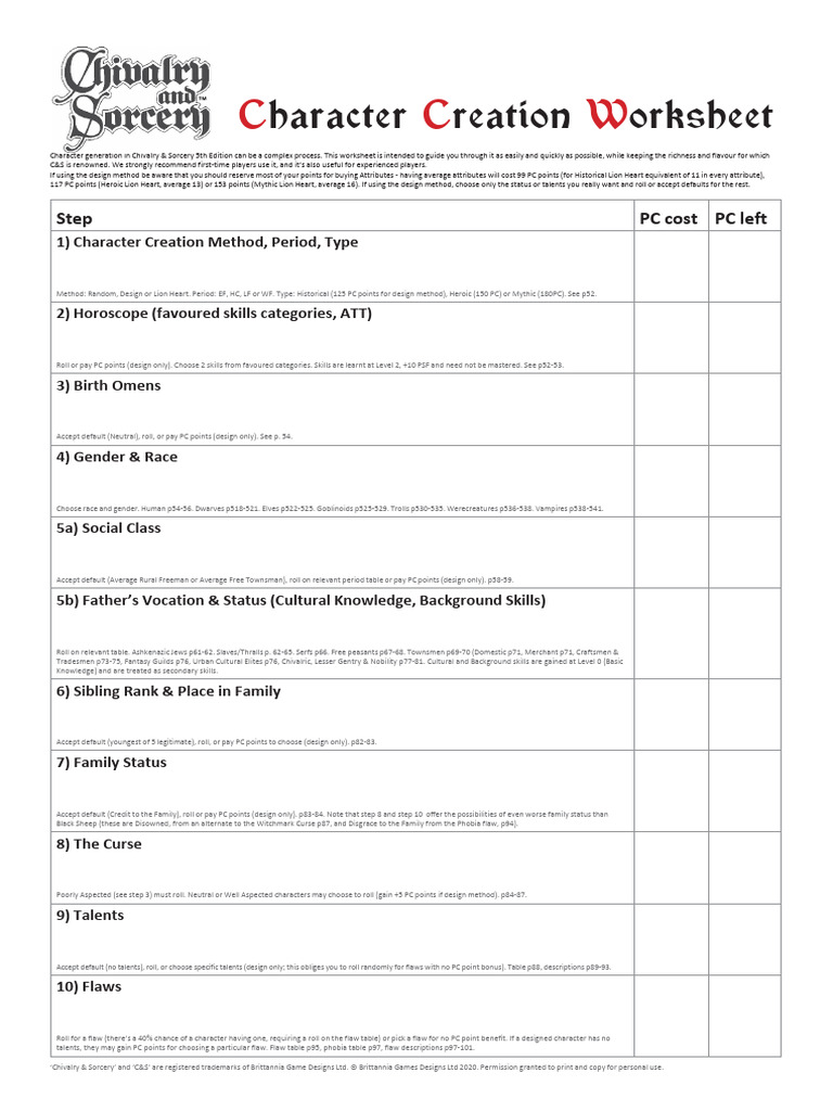 ChivalryAndSorcery 5E PlayerAid 4CharacterWorksheet | PDF