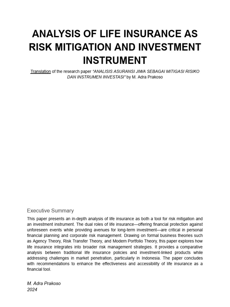 Analysis Of Life Insurance As Risk Mitigation And Investment Instrument