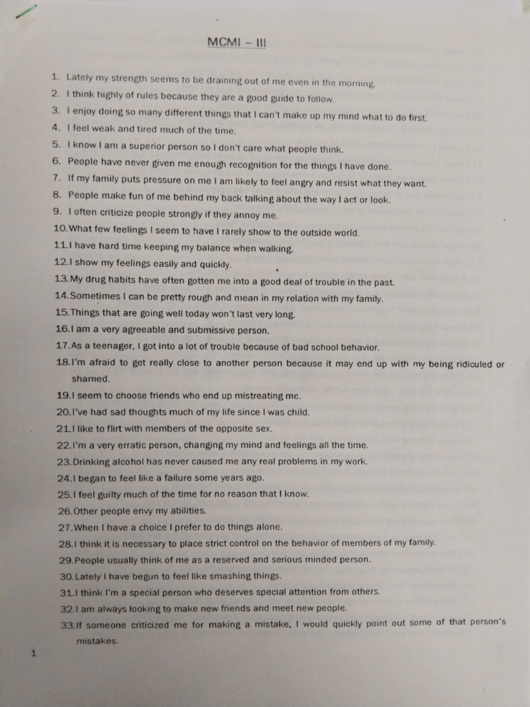 MCMI Items and Response Sheet | PDF