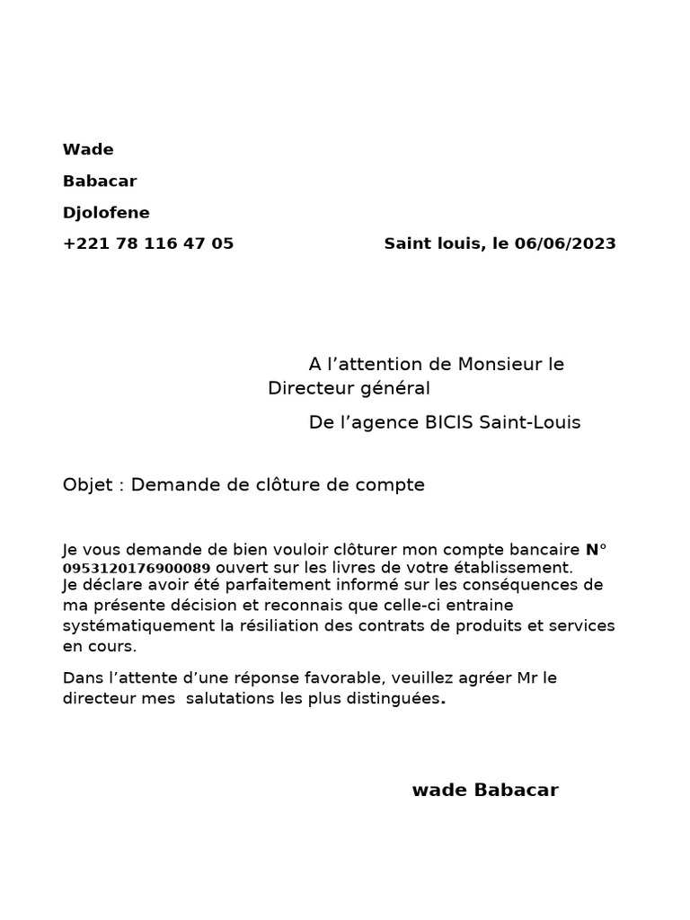 Modele De Demande De Cloture De Compte Bancaire 1 Pdf