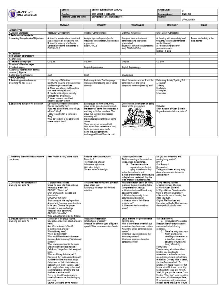 Grade 5 English Daily Lesson Plan | PDF | English Language | Linguistics