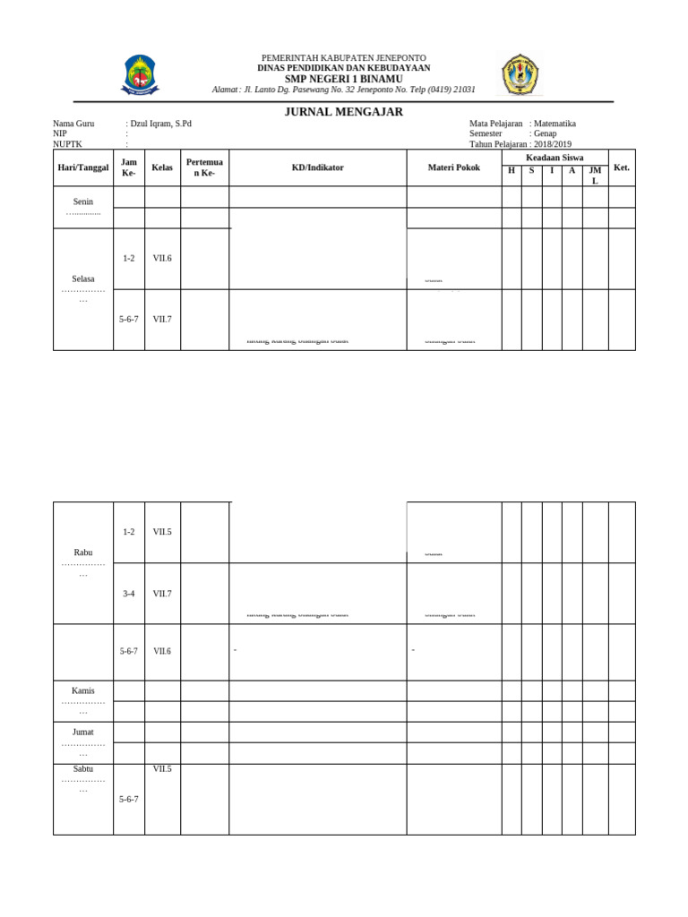 Format Jurnal Mengajar New | PDF
