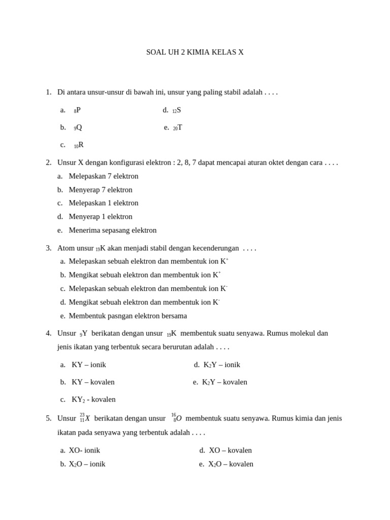 Soal Uh 2 Kimia Kelas 1 | PDF