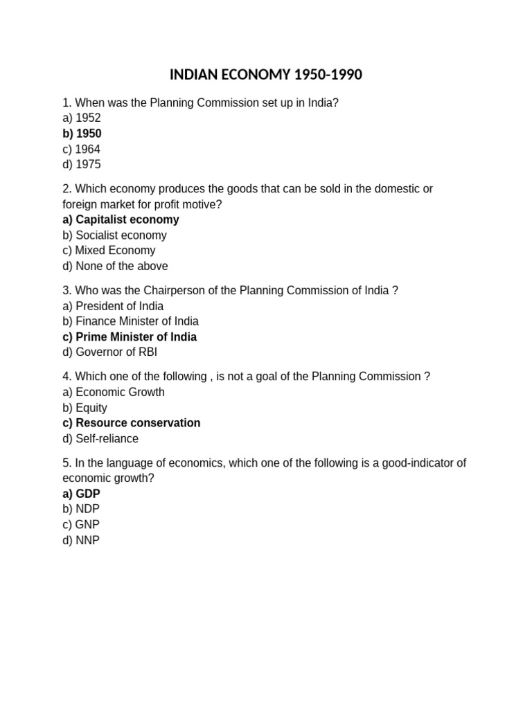 Indian Economy 1950 1990 Notes And Mcq 1 Pdf