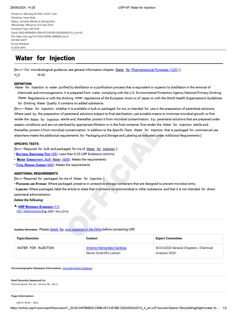 USP-NF Water For Injection | PDF