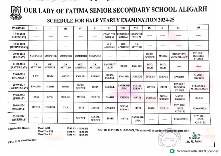 Half Yearly Exam Schedule 2024-25 | PDF