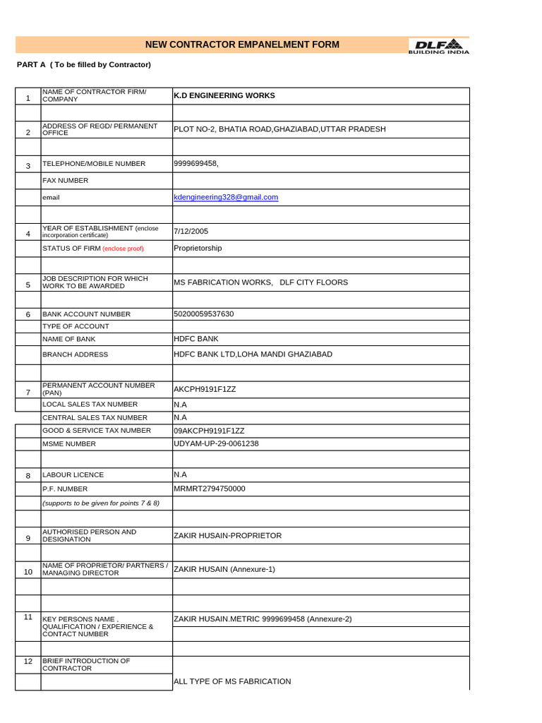 Contractor Empanelment Form - Camellias | PDF