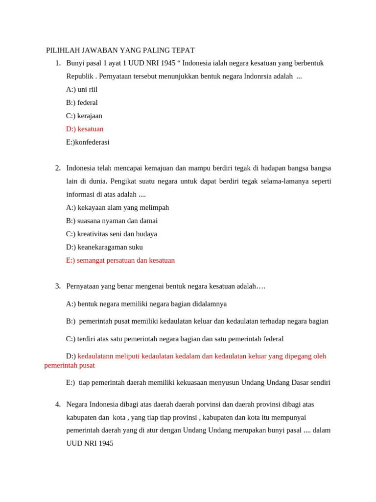 KUNCI Soal KD 4 Bab Persatuan Dan Kesatuan Nkri | PDF