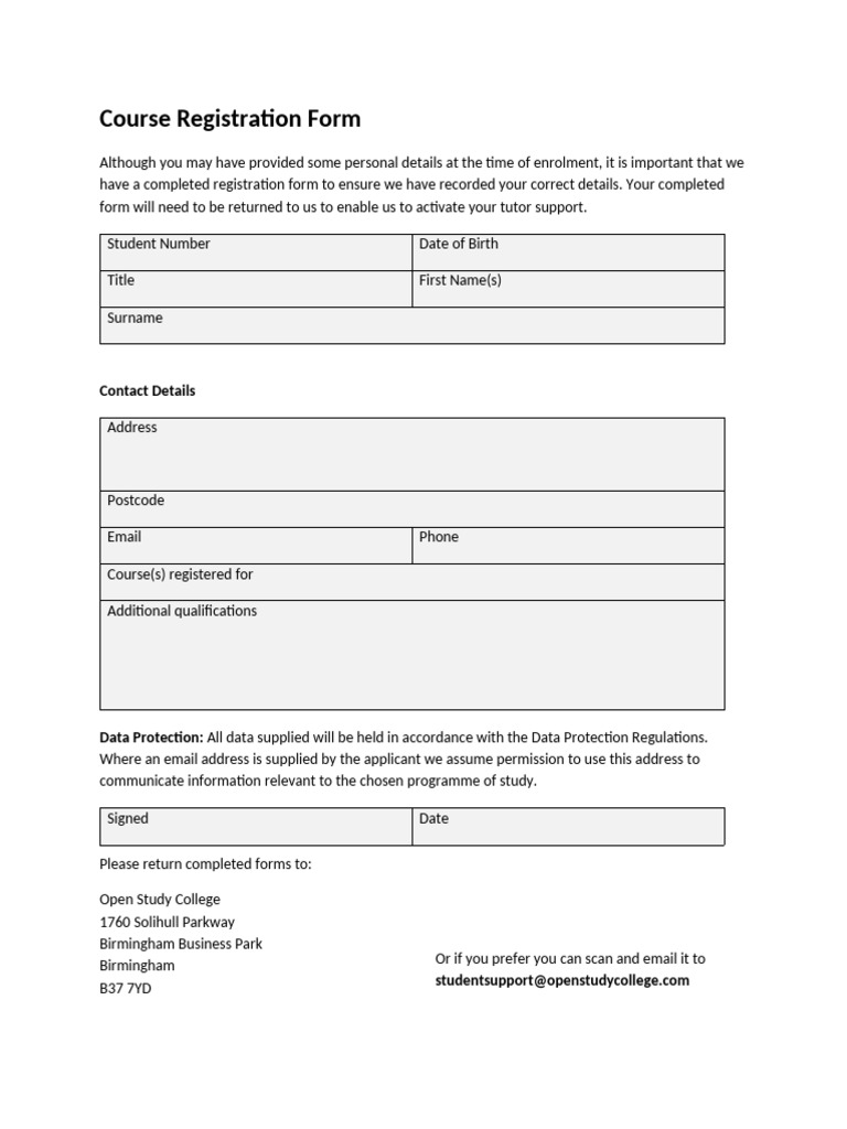 Course registration form pdf