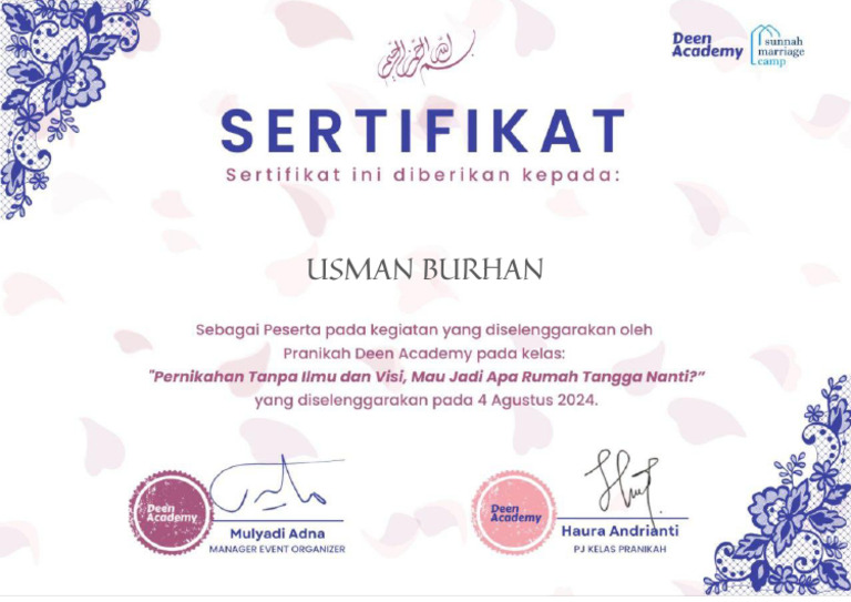 Sertifikat kelas pernikahan tanpa ilmu dan visi mau jadi apa rumah