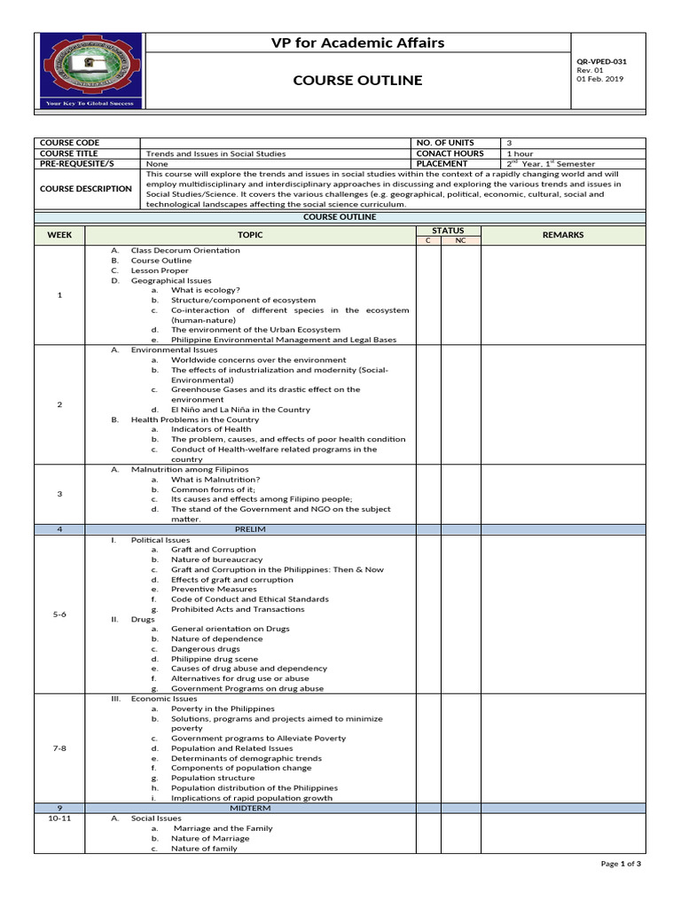 Course Outline - Trends and Issues Social Studies | PDF