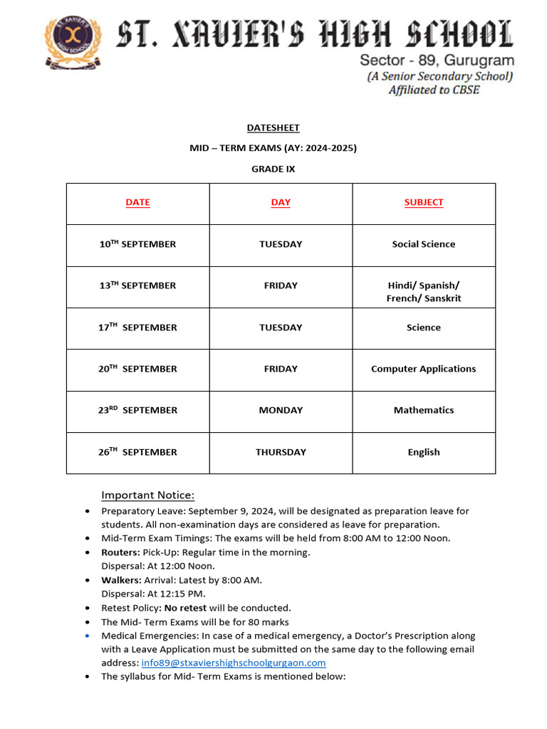 Grade Ix - Mid Term Datesheet | PDF