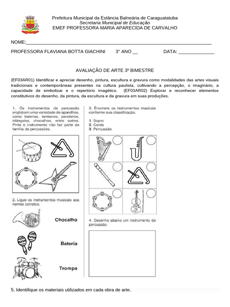 Avaliação de Artes 3º Ano - 2º Bimestre | PDF | Arte