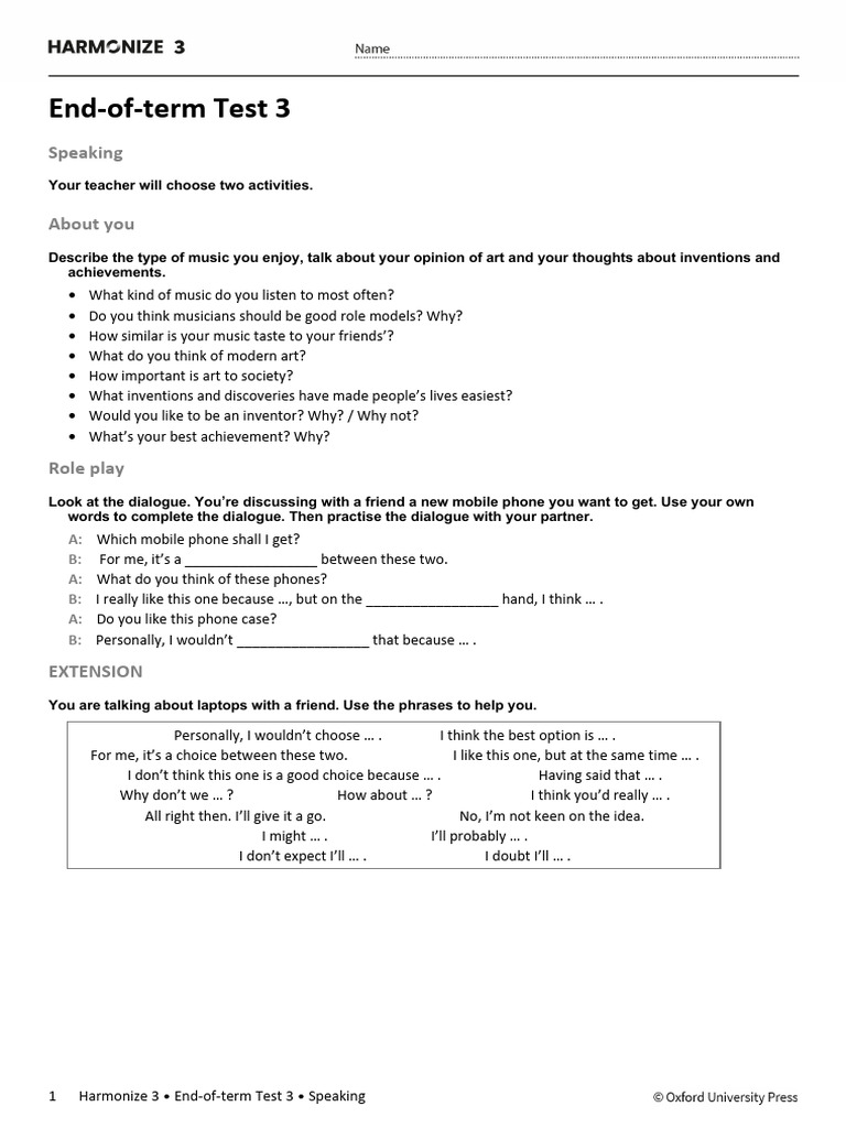 Harmonize 3 end of term test 3 speaking pdf