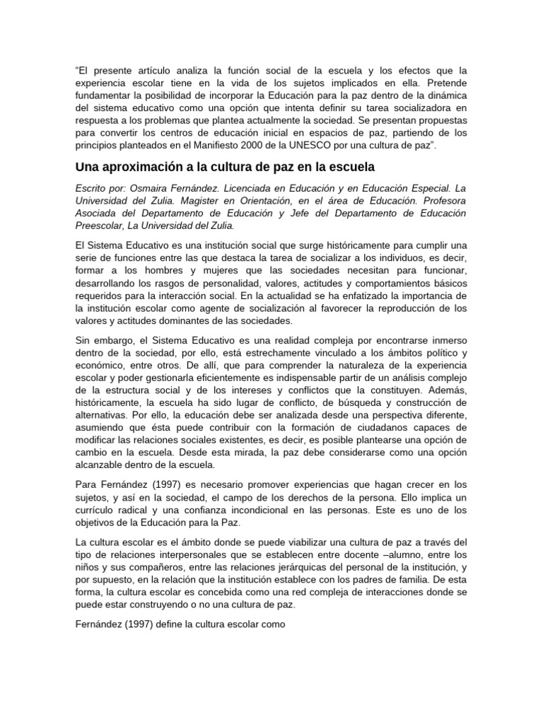 La Cultura de La Paz en La Escuela | PDF | Educación de la primera ...