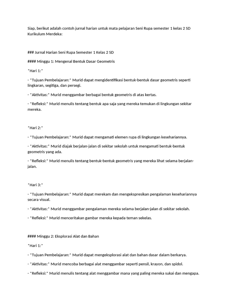 Jurnal Harian Seni Rupa Semester 1-2 Kls 2b | PDF