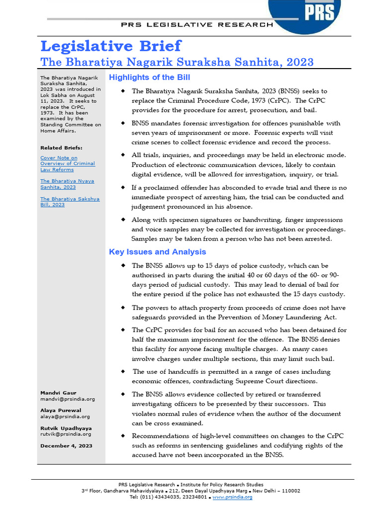 Bharatiya Nagarik Suraksha Sanhita 2023 Summary | PDF | Bail | Plea Bargain