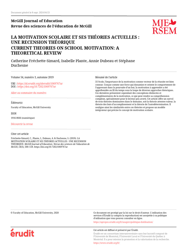La Motivation Scolaire Et Ses Théories Actuelles: Une Recension ...