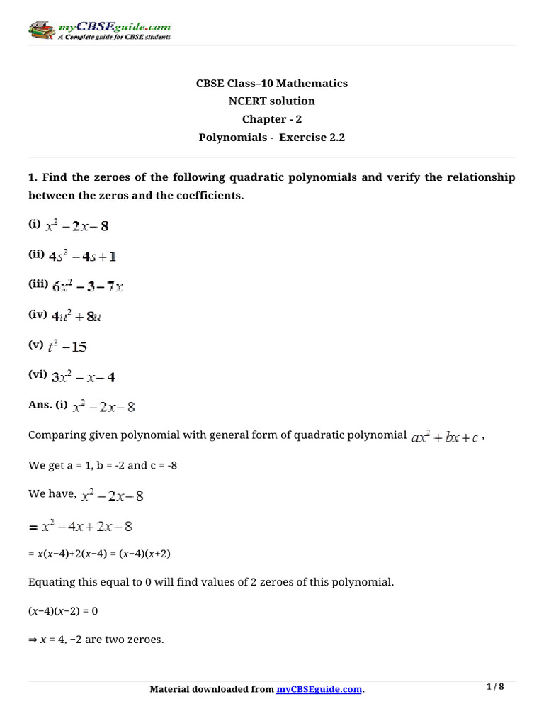 10 Mathematics Ncert Ch02 Polynomials Ex 2.2 | PDF