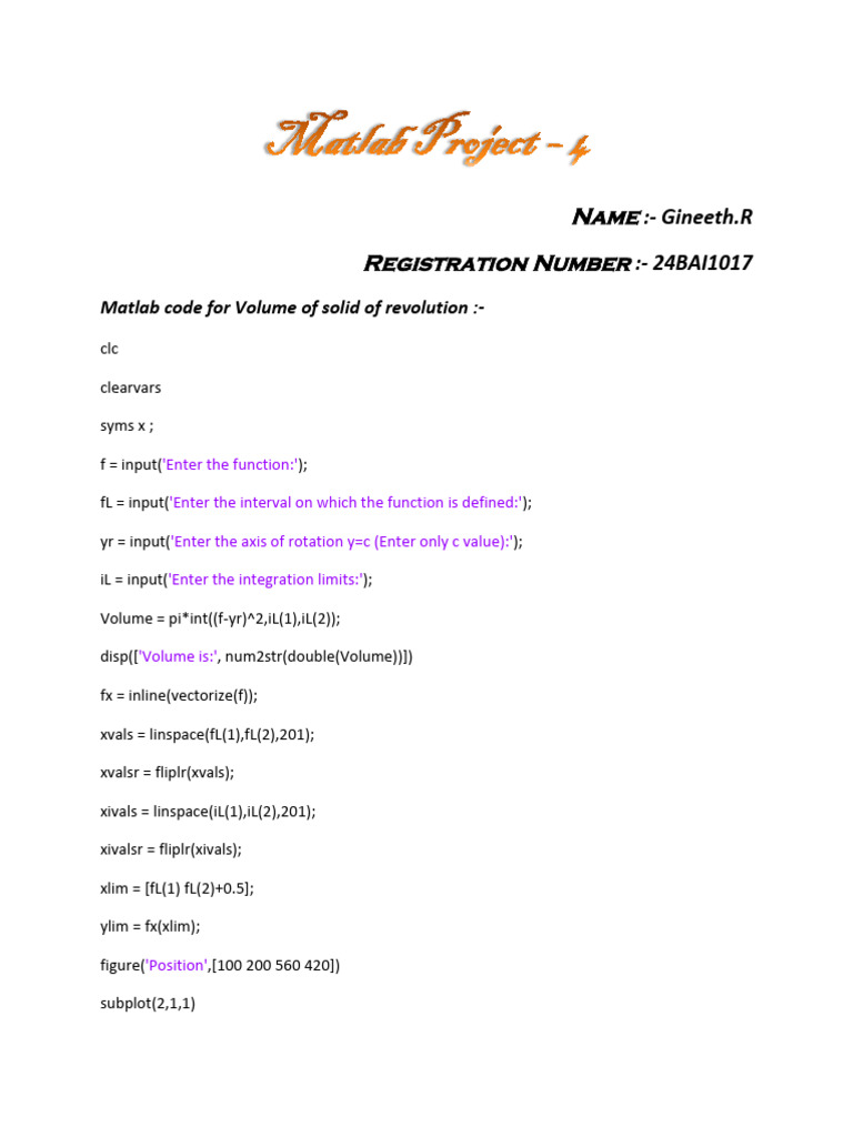 Matlab Code for Solid Revolution Volume | PDF | Cartesian Coordinate ...