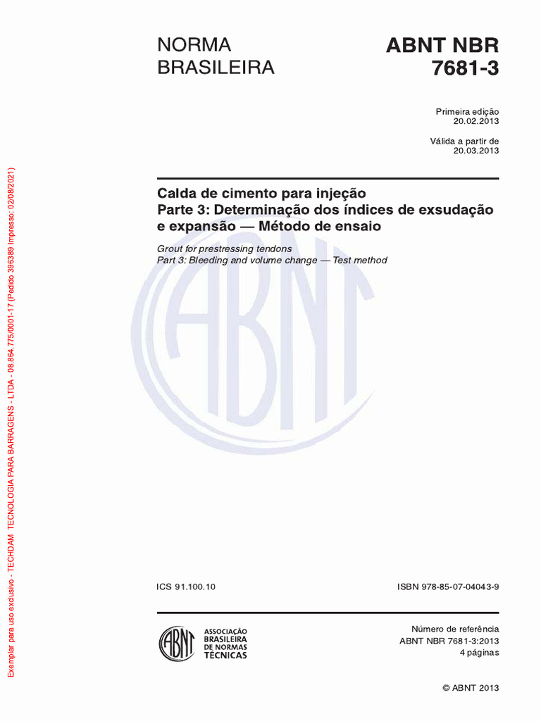 NBR 7681.3 - Calda de Cimento para Injeção - Determinação Dos Indices ...