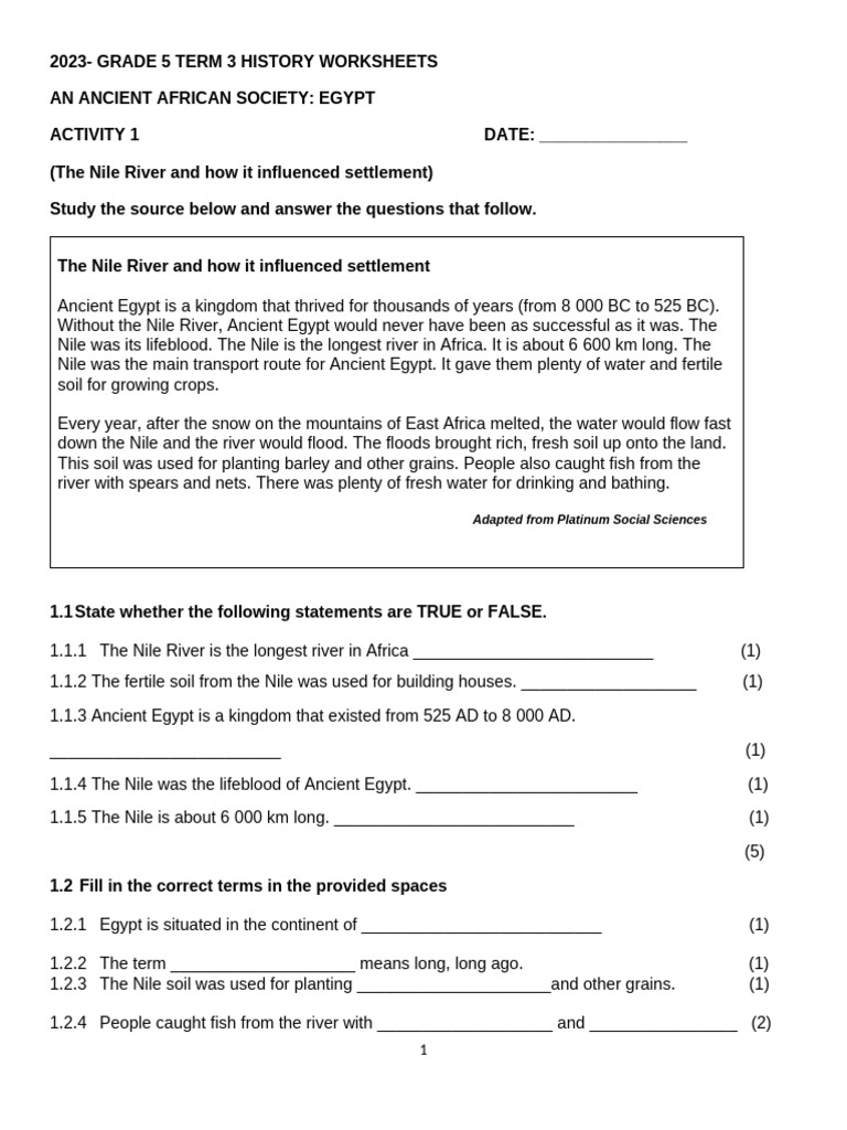 Grade 5 Ancient Egypt History Worksheets | PDF | Tutankhamun | Social ...