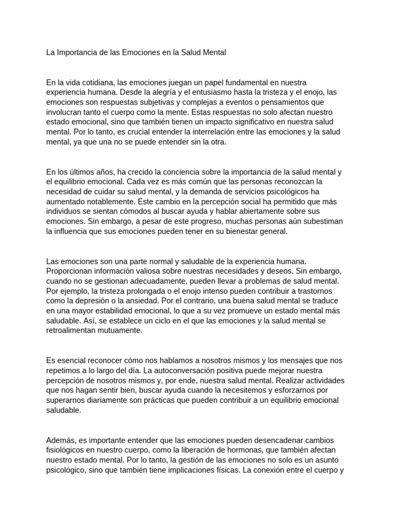 La Importancia de Las Emociones en La Salud Mental2. | PDF | Las ...