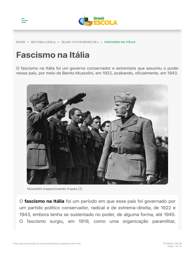 Fascismo Na Itália - o Que Foi, Como Acabou, Resumo - Brasil Escola | PDF
