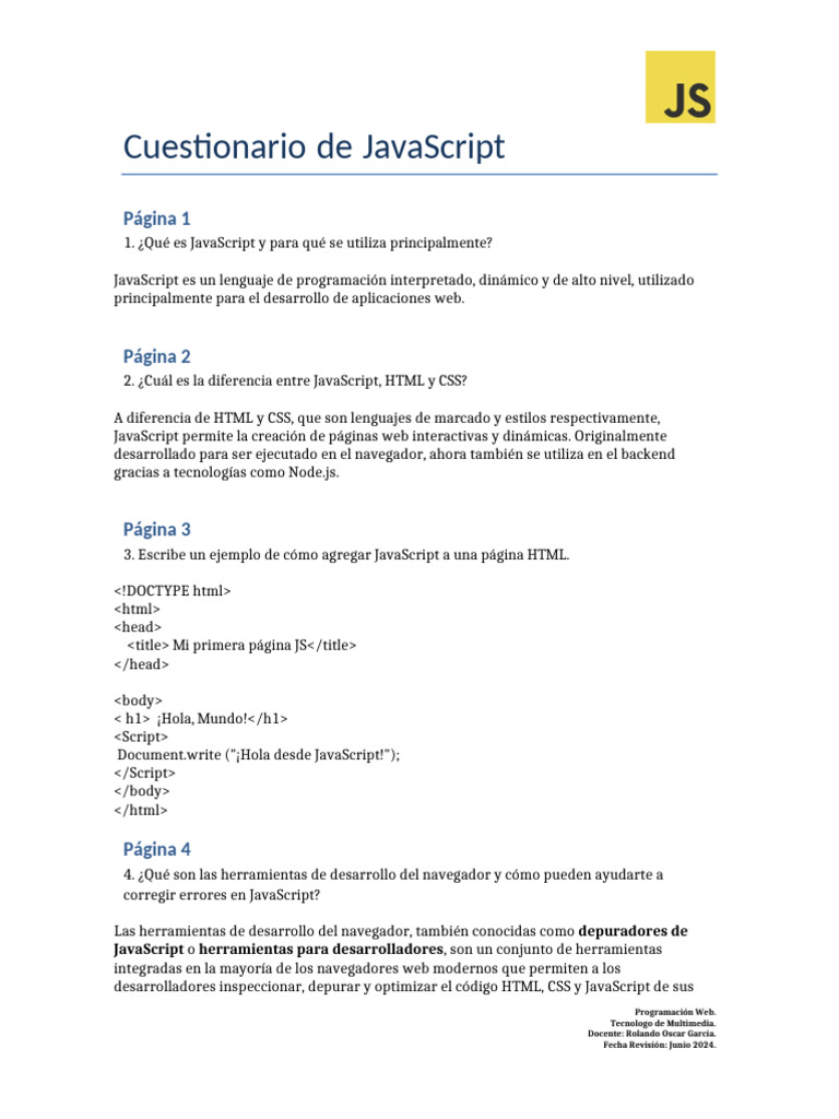 Cuestionario de JavaScript | PDF