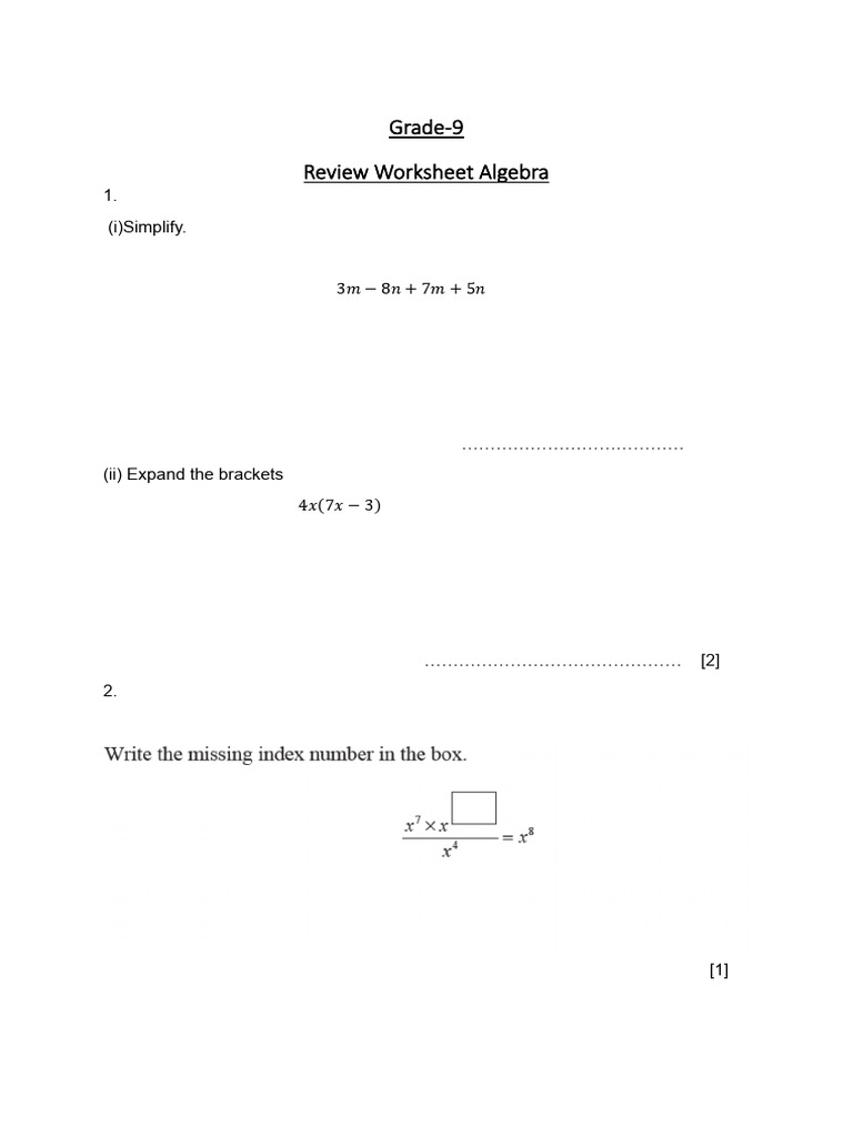 Review Worksheet Algebra | PDF