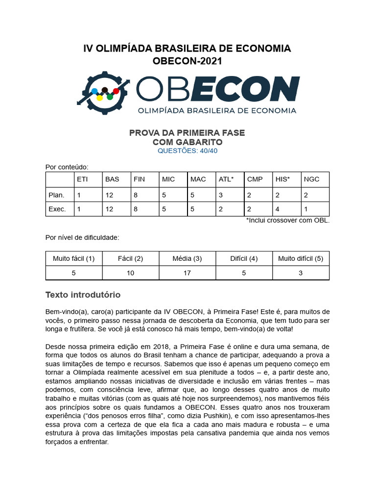 OBECON-2021 - Prova Da Primeira Fase Com Gabarito | PDF